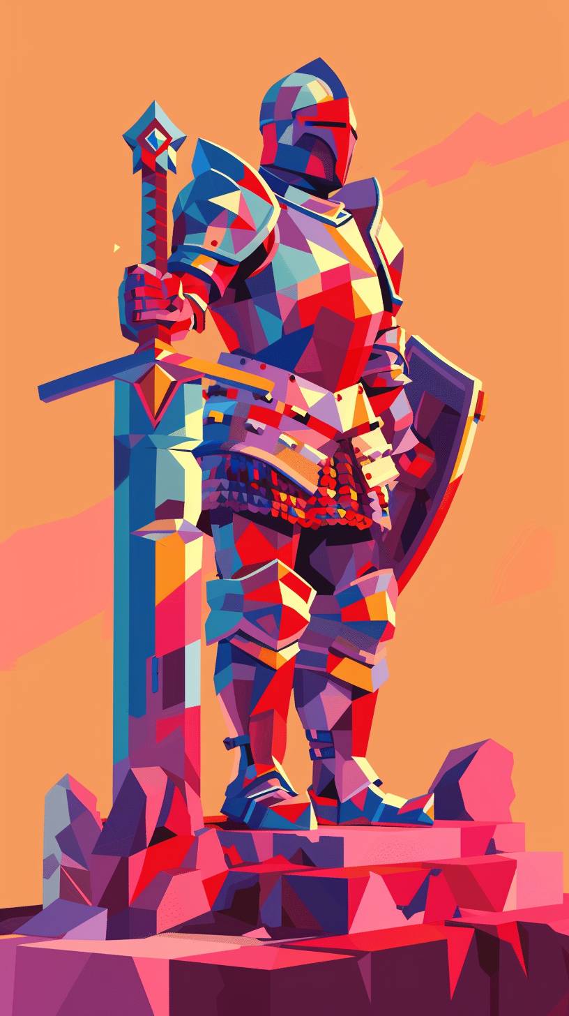 戦場にあるカラフルな色調で描かれたテンプル騎士像のピクセルアート。構図はシンプルですが、クリーンな線と幾何学的な形状で視覚的に魅力的です。