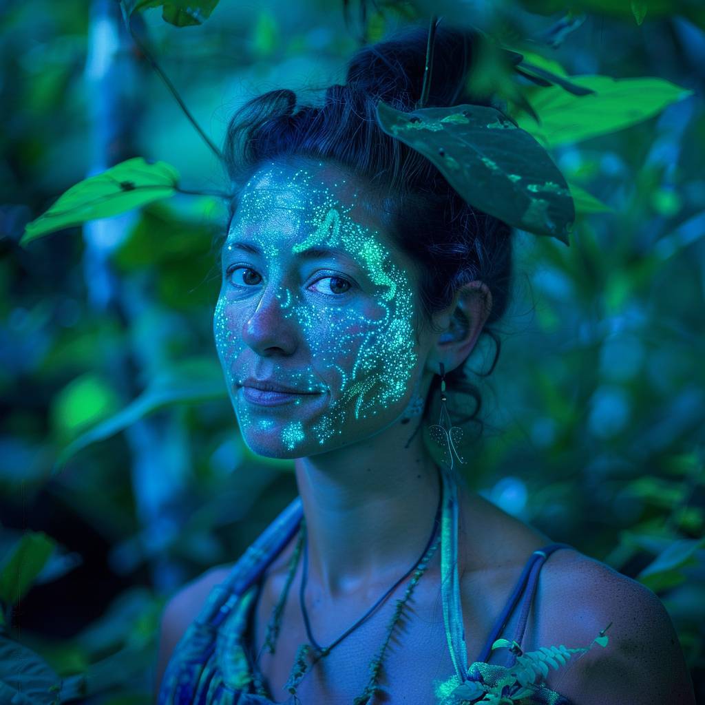 Portrait of a serene woman in a mystical forest at blue hour, surrounded by lush, vibrant green foliage, with intricate patterns of bioluminescent plants like Mycena chlorophos mushrooms and Dinoflagellate algae etched onto her skin, ethereal blue glow on her, contemplative and peaceful expression, harmonious connection between humanity and nature, enchantment and otherworldly beauty atmosphere, sharp focus on the woman and a blurred background.