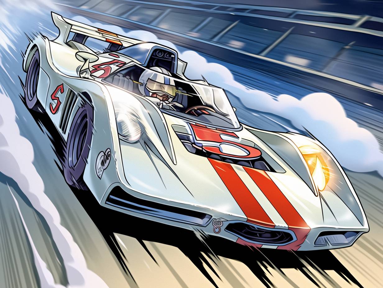 アニメ『マッハGo Go Go』のスピードレーサーの番号「5」のフードが付いたレーシングカーのカートゥーンイラスト。細密なマンガの描線とコミック風の着色を施しています。