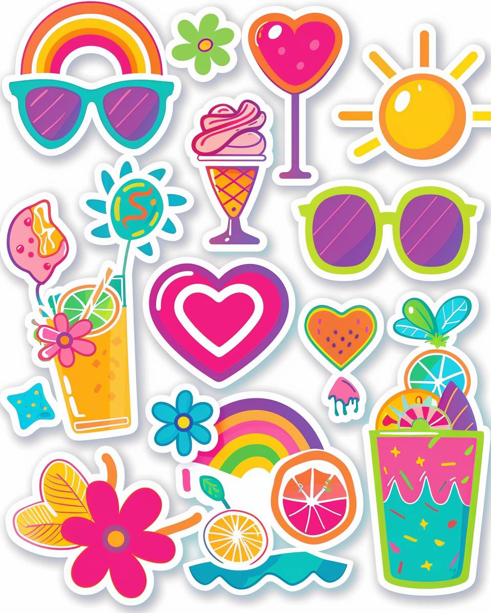 12 neon doodle stickers for teen girls, featuring kawaii, cute doodles including hearts, rainbows, flowers, sunglasses, beach and sun, smoothies, ice cream, vivid colors and white border