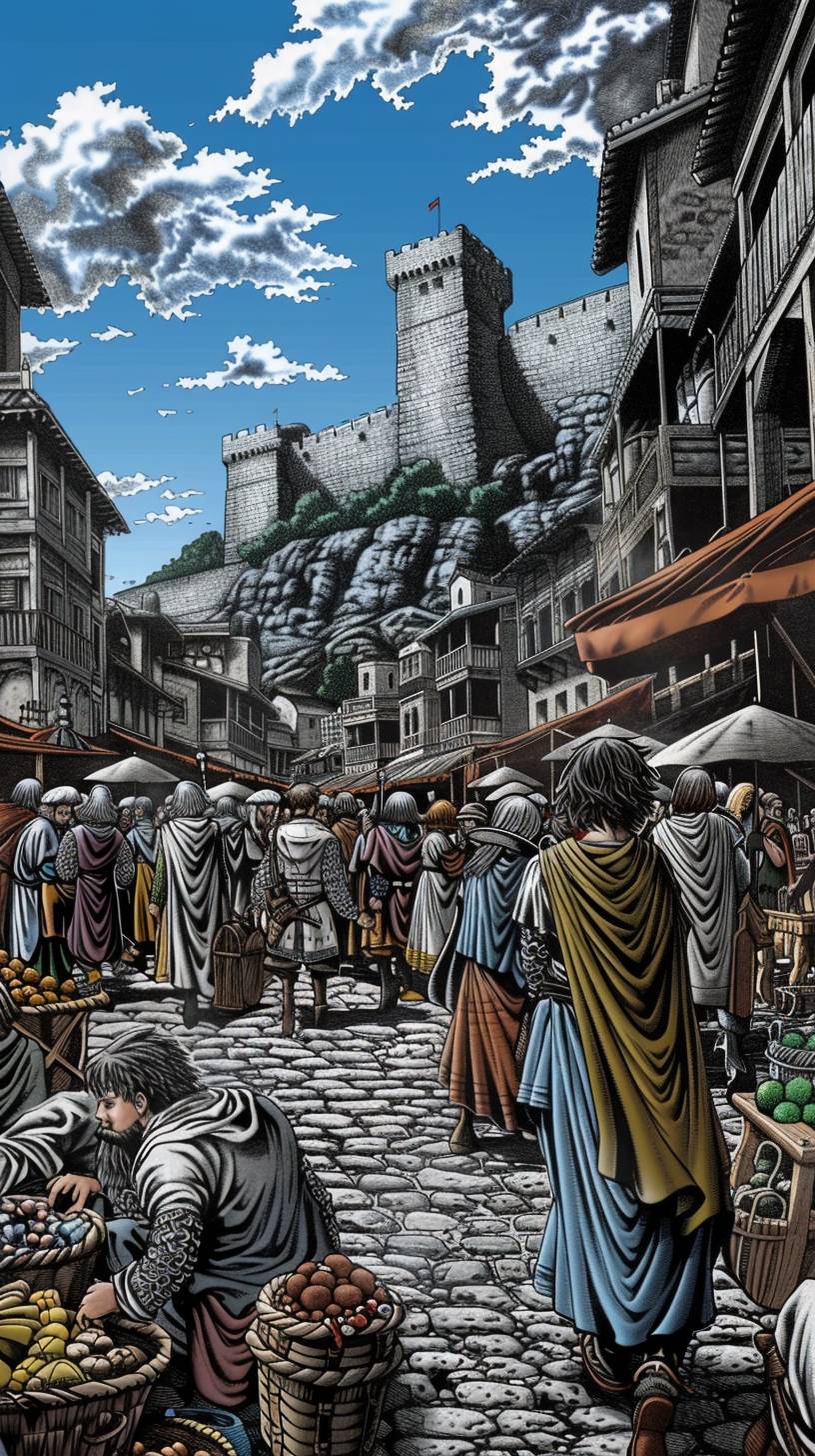 A bustling medieval marketplace, vendors selling various goods, people in period costumes, castle in the background, lively atmosphere