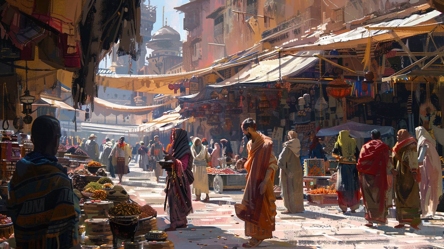 Merchant, peddling eclectic glittering wares from faraway lands, amidst a crowd, there lies an ancient Roman city. Craig Mullins, Sparth, legendary masters of the art with their masterful strokes. --ar 16:9  --v 6.0