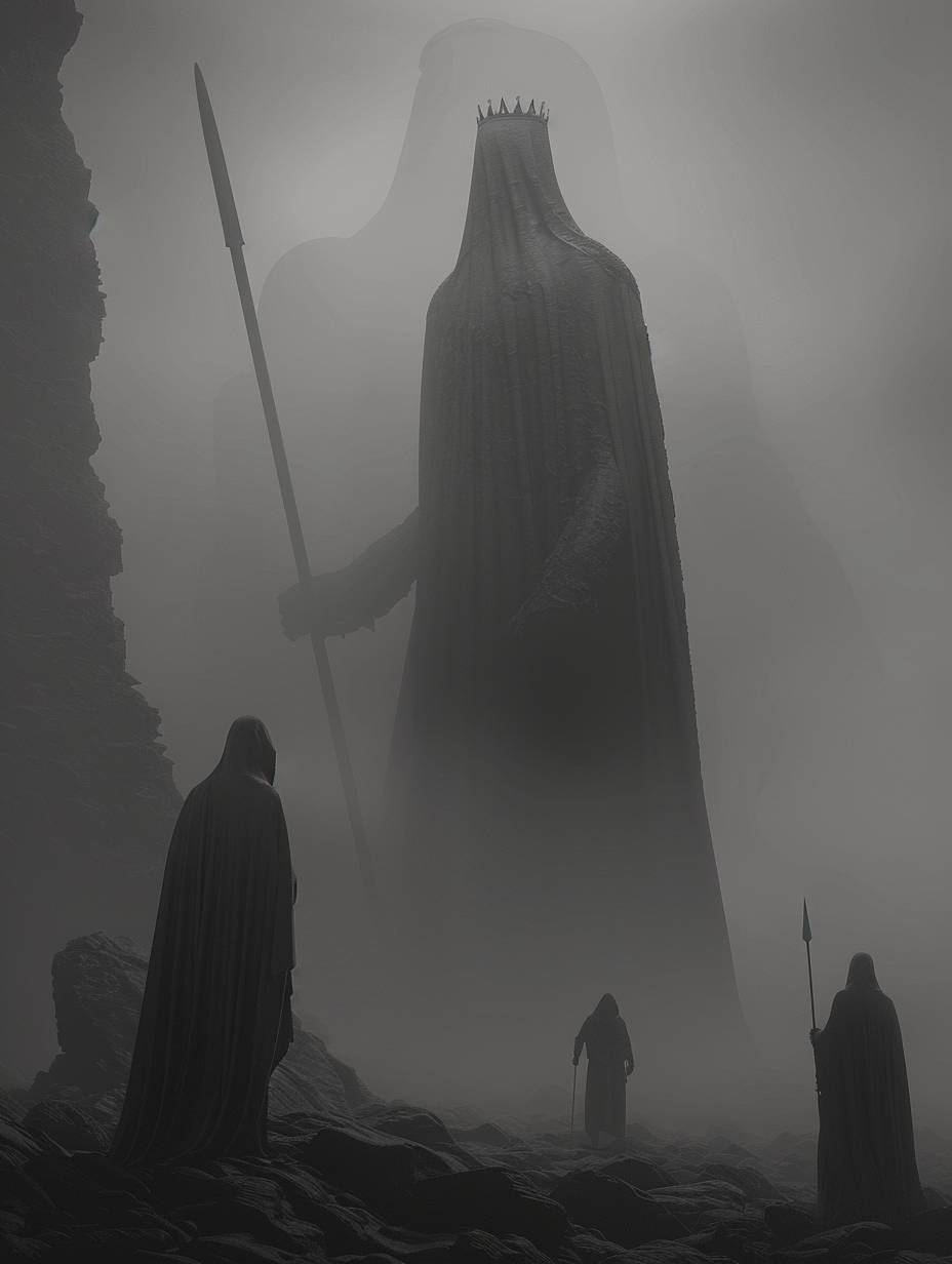 Epic scene, art presents a haunting figure, a woman with a crown and a spear, partially shrouded in darkness. The grayscale tones and the foggy background create a mysterious and eerie scene, Gothic, Dark Fantasy, by Zdzisław Beksiński and Joel-Peter Witkin, movie poster, extremely detailed, hyper resolution, cinematic volumetric lighting.