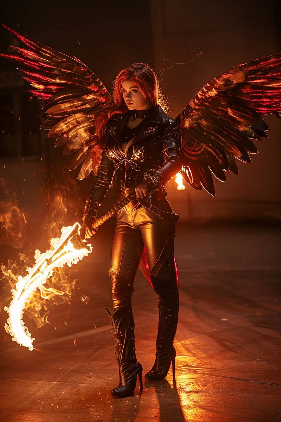 A winged Valkyrie wearing a leatsuit, wielding a weapon formed from incandescent plasma