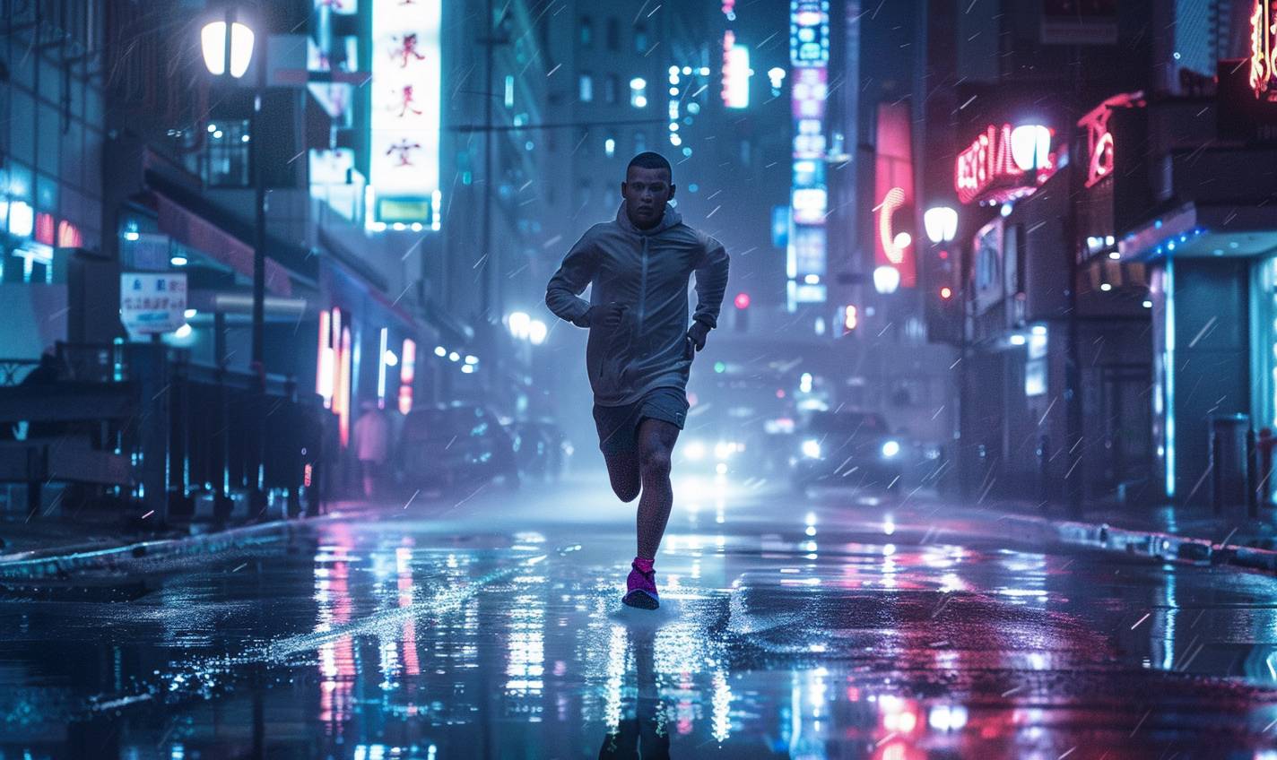 A man running through a rain-soaked city street at night, illuminated by neon lights reflecting off the wet pavement, with an intense expression of determination.