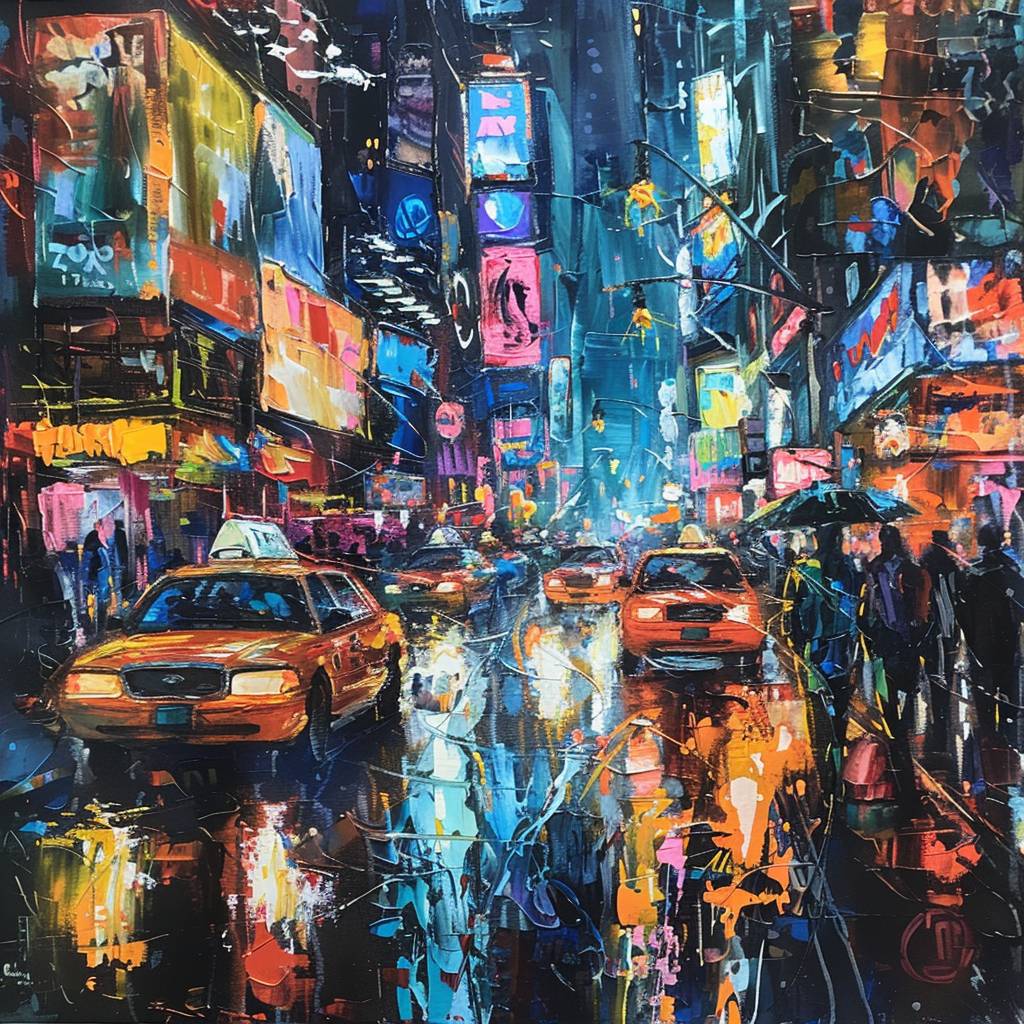 Vibrant polychromatic painting, a bustling city street at night, golden highlights, wet-on-wet effect, strong visual flow