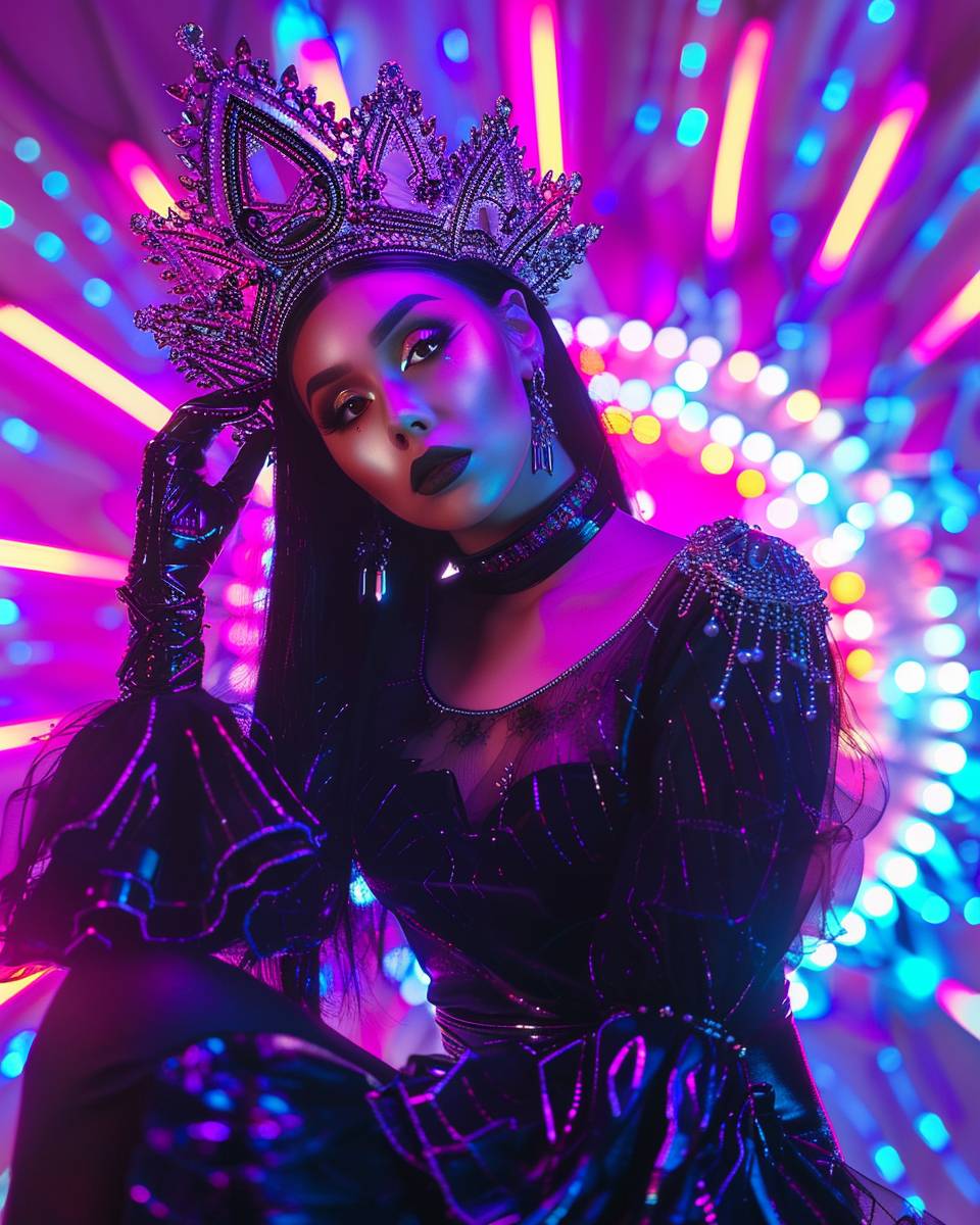 Stunning cyberpunk witch with a crown on her head, surrounded by neon lights, a mature lady with an hourglass figure, gorgeous black hair, fair skin, sleeveless latex outfit, tall height, dynamic posture, forced perspective, full-body on canvas