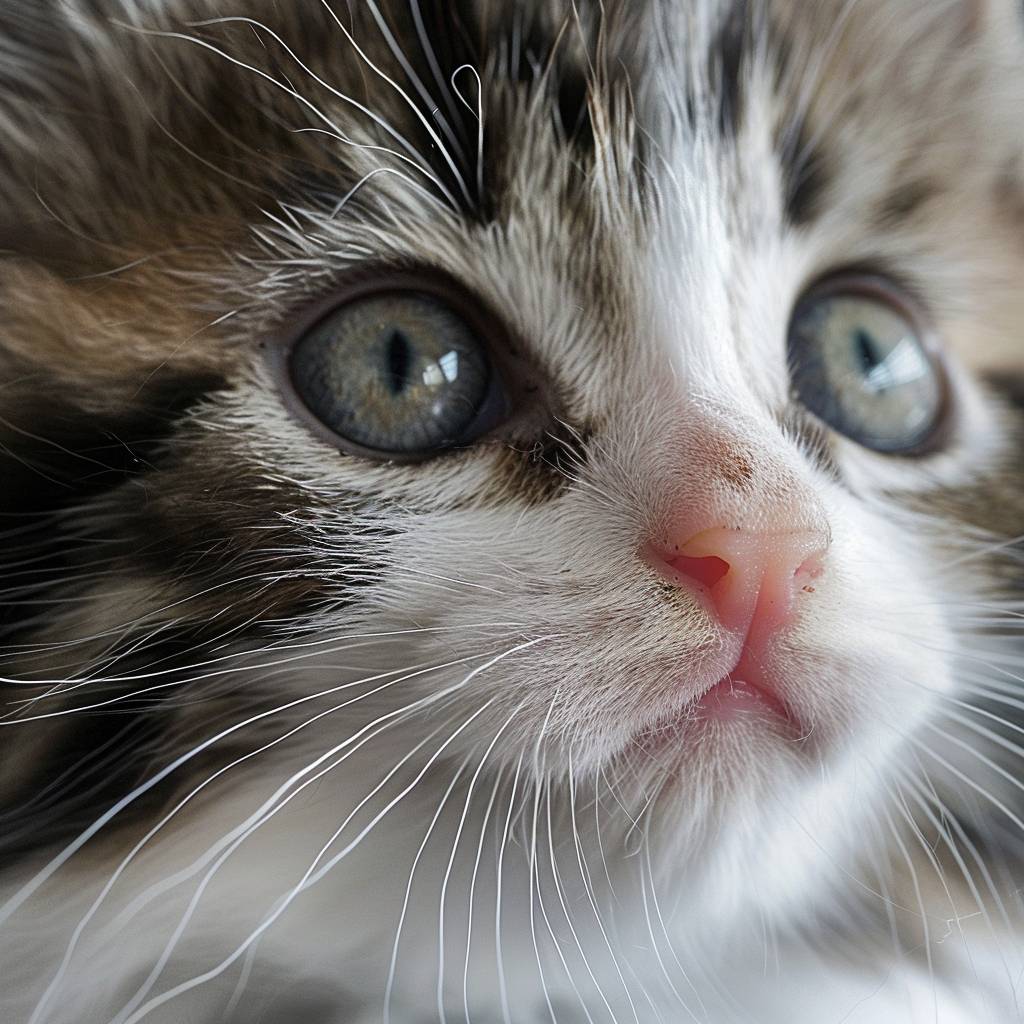 愛らしいメインクーン子猫のマクロ写真。フワフワの頬、大きな丸い目、柔らかいパッチワークの毛皮、小さなピンク色の鼻、白いミトン、遊び心のあるふさふさの尾、感情豊かなタフテッドイヤー