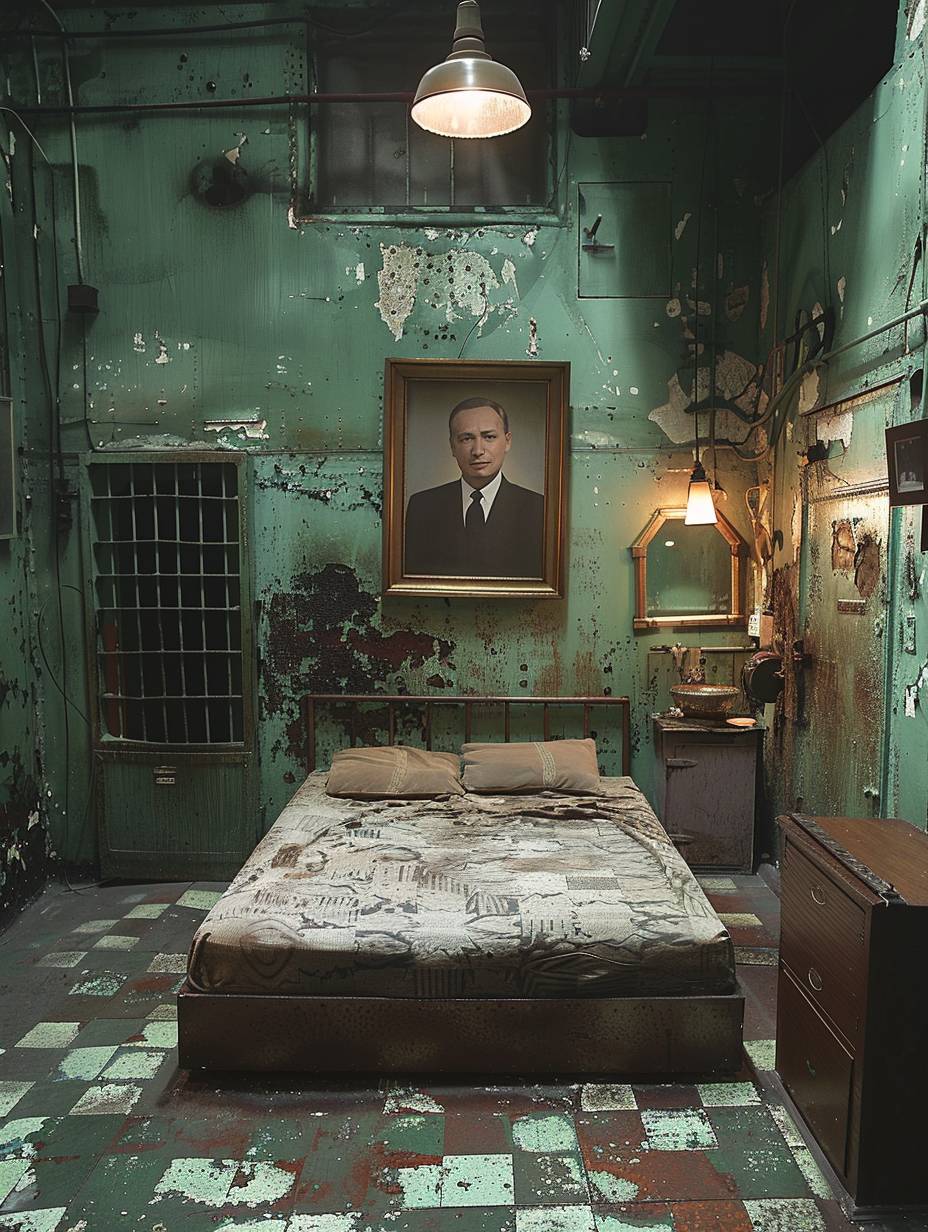 A dark, dingy prison cell with a solid gold toilet, dirty bed, and a picture of the Russian president on the wall