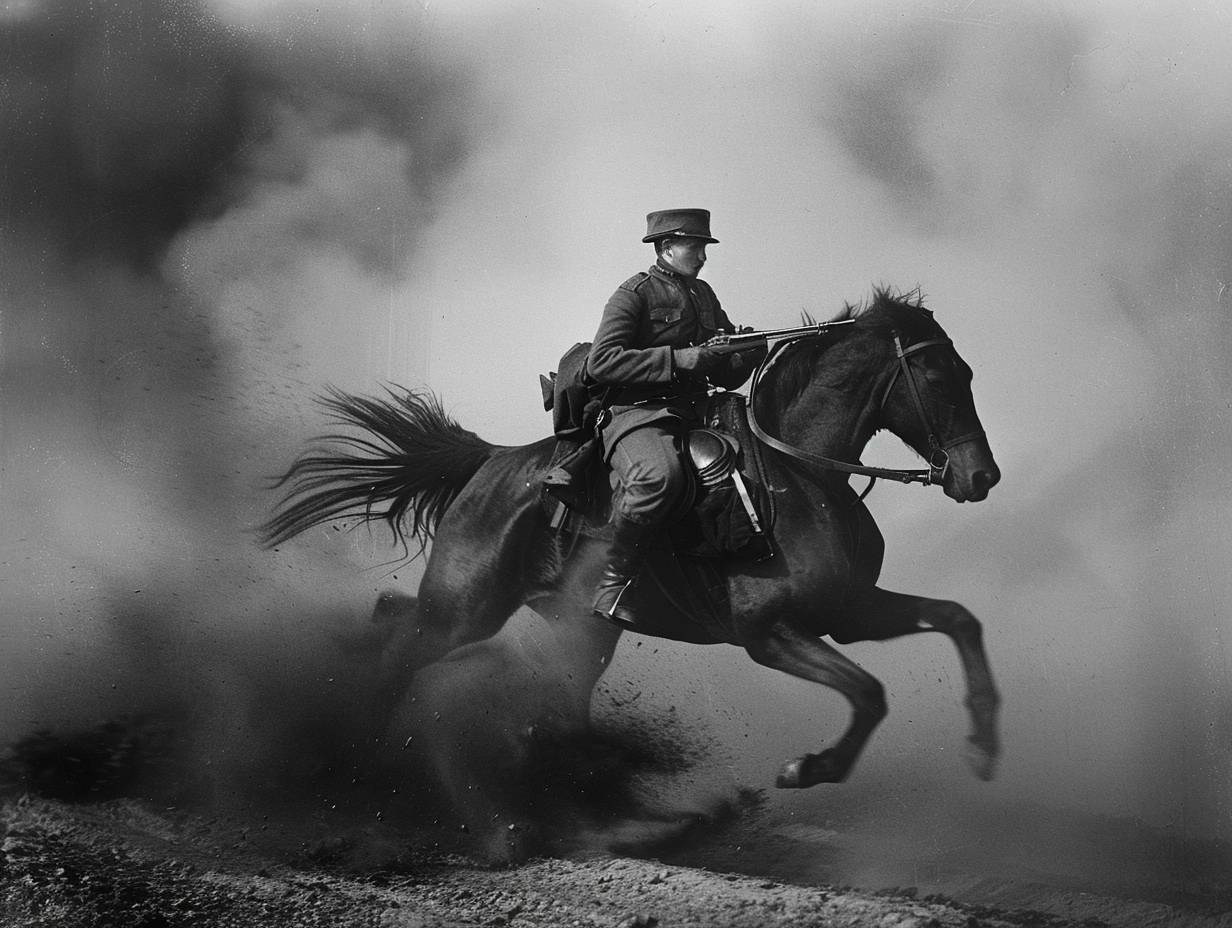 An old photograph from the WW II, capturing a dramatic and surreal scene. A German soldier, donned in the traditional uniform of the German army of that era, is depicted in mid-action, riding a huge [WHATEVER] as if it were a gallant steed. This is no ordinary scene; the [WHATEVER] charges fiercely across a smoky battlefield. The soldier, equipped with a simple rifle slung across his back, exhibits a mix of determination and urgency in his expression, evoking the intense emotions of battle. Smoke billows around them, enhancing the dramatic effect of this wartime action scene.