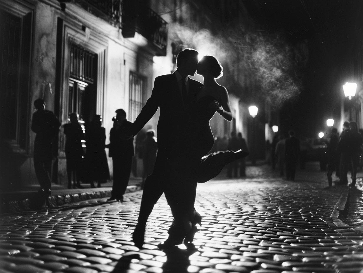 A couple dancing tango. Intense gaze. Red dress and black suit. Buenos Aires street. Night in 1985. Cobblestone street, spectators, old buildings. Medium shot, full body. Captured with a Canon AE-1, Ilford HP5 Plus film. Street lamp casting long shadows, fabric of the dress caught mid-twirl.