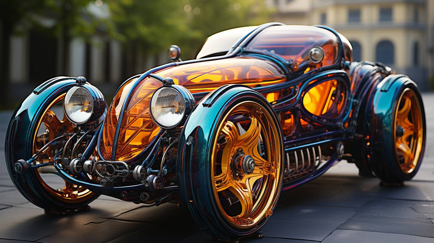Fun art, colorful futuristic luxury glass-made farming machinery car and sports car and travel car, using steampunk warcraft art, extreme caricature art, Ferrofluid art