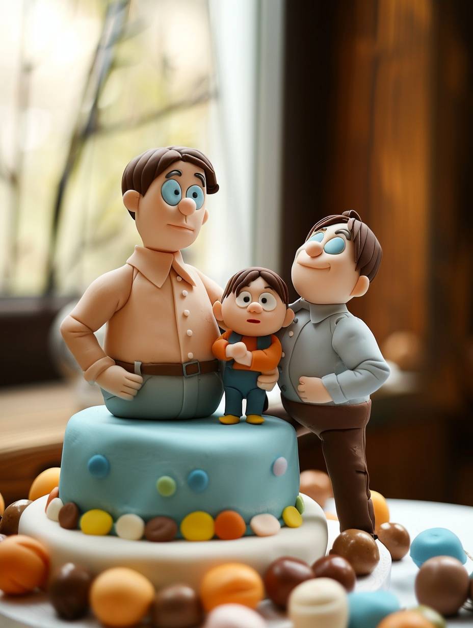 商業写真、ケーキ、ケーキの上に父親が子供を抱いたカートゥーンキャラクターがデコレーションされている、父の日のクリエイティブケーキ、シンプルなスタイル、クリエイティブ広告ポスタースタイル、超高精細