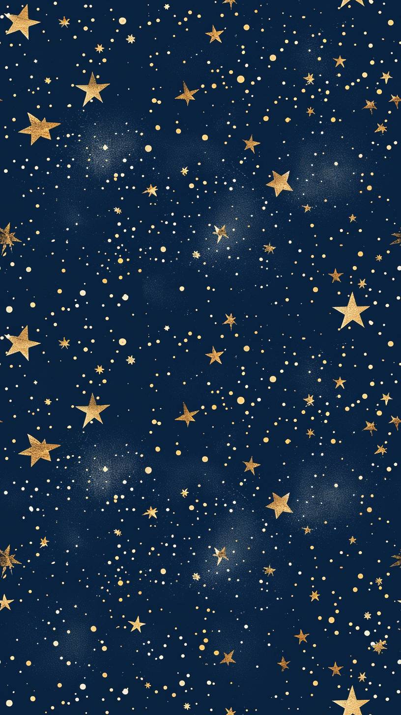 Starry sky blue and gold wallpaper, in the style of dark navy and light navy, whimsical animation, cute and dreamy, light red and dark indigo, delicate gold detailing, glitter, calming. A gold starry sky on navy blue background, in the style of whimsical and playful, light sky-blue and light beige, dusty piles, navy and gold, Simeon Solomon, cute and dreamy. A blue and gold wallpaper featuring stars and a border, in the style of dark sky-blue and dark navy, whimsical animation, cute and dreamy, calming effect, glitter, organic material, light crimson and dark blue. Gold stars with navy blue background, in the style of imaginative spacescapes, light sky-blue and light beige, storybook-like, calming, whimsical charm, glitter