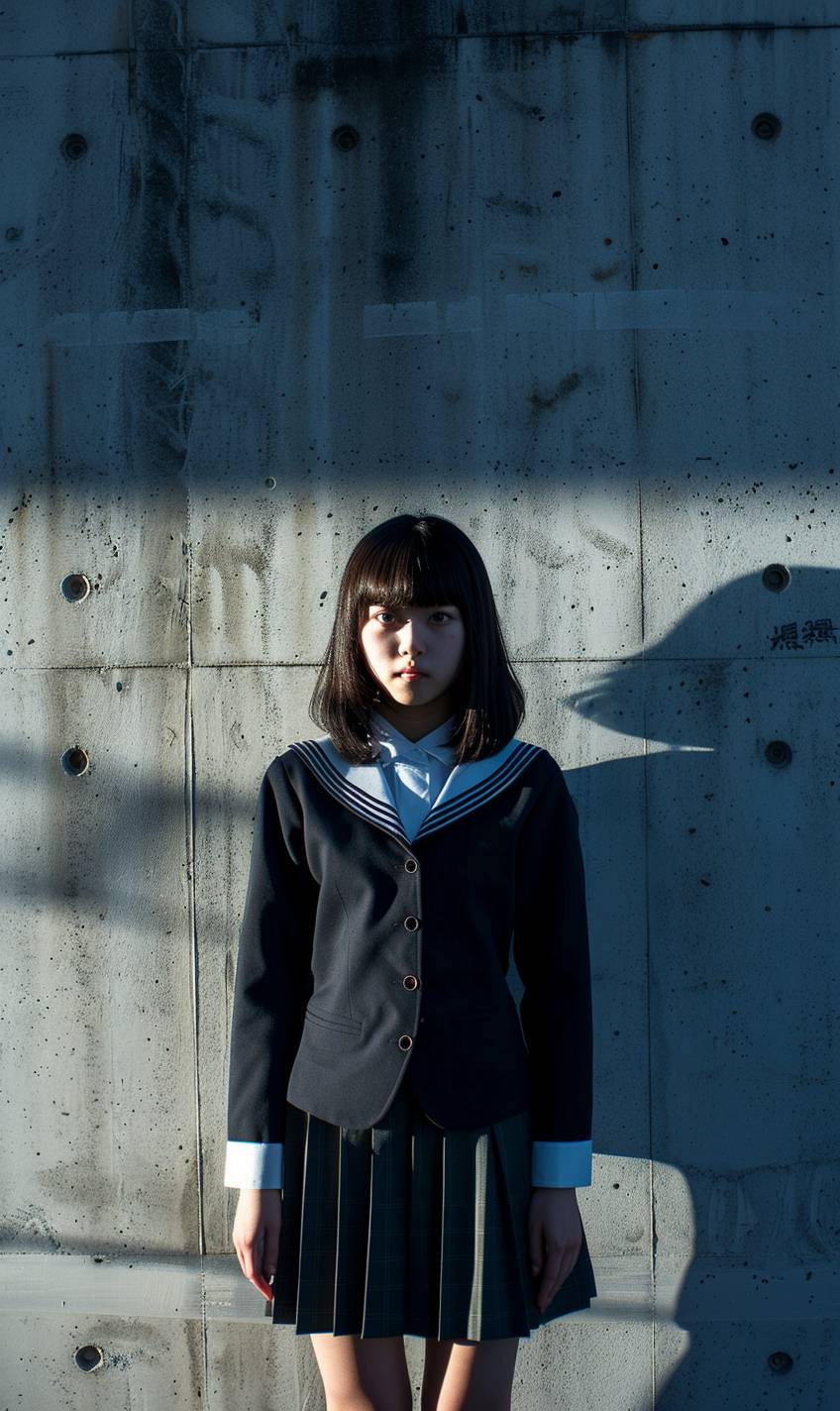 日本の女子学生服を着た若い女性がコンクリートの壁に立っている、自信に溢れた姿勢を見せています。彼女の影が壁に映し出され、劇的な効果を高めています。背景にはテクスチャのあるコンクリートの壁と清潔な都市環境があり、イメージの大胆さと力強さを引き立たせています。
