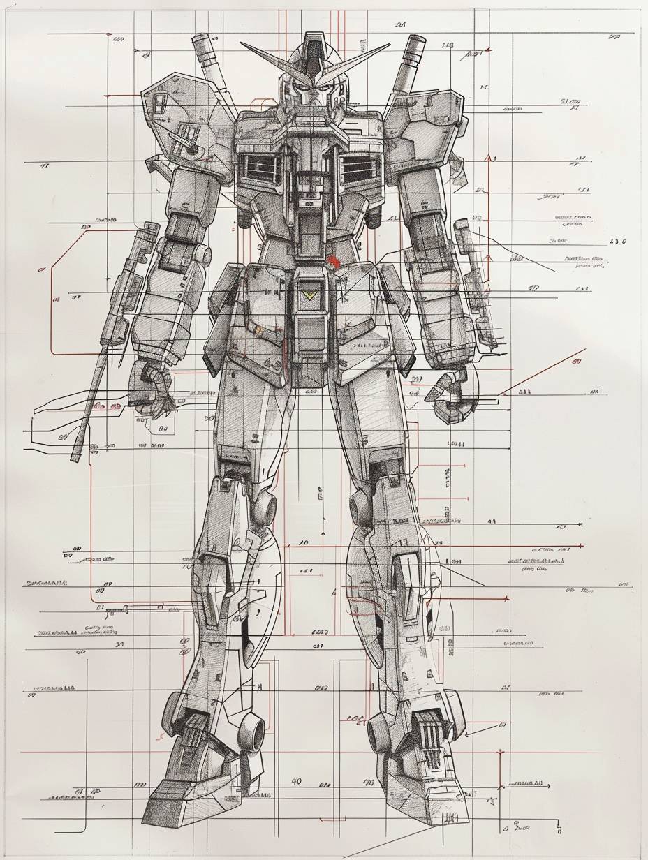 A design line drawing of a Mobile Suit Gundam from any generation, presented as a detailed schematic. The drawing uses precise black and white lines to outline the Gundam with meticulous annotations and size specifications clearly marked. The main body of the Gundam is rendered in a colored 3D effect, highlighting the intricate details of its armor, joints, and weaponry. The overall style is that of a technical drawing, set against a clean white background to ensure clarity of all details. The scene is photographed using a DSLR camera with a macro lens in the afternoon, capturing the fine details and the contrast between the line work and the colored 3D elements. The film used is Fujifilm Pro 400H, known for its excellent color accuracy and fine grain, enhancing the visual impact of the design.