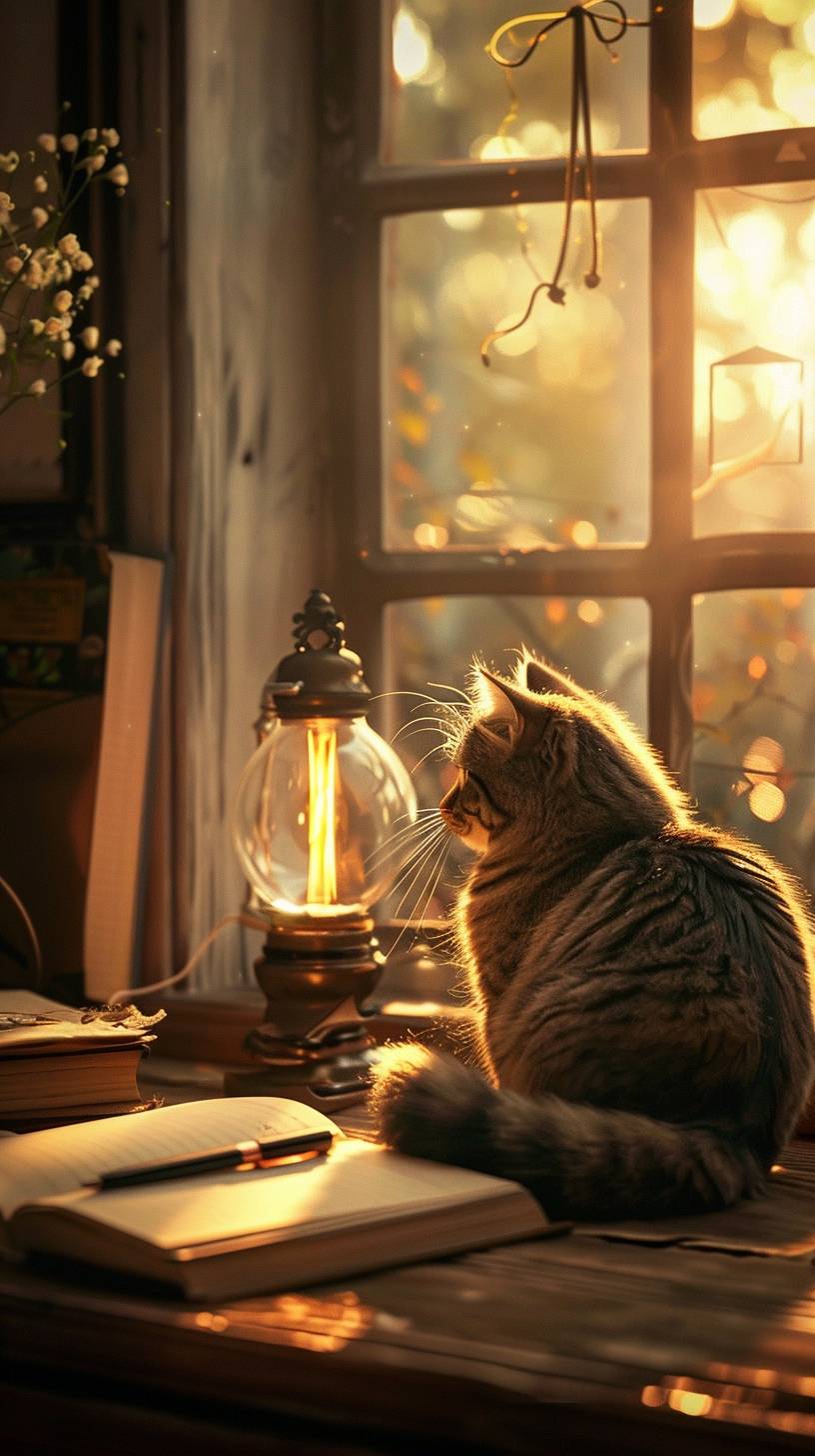 視覚の写真です。リアルな光の質感を持つ窓で、机の上に猫がいます。日記帳の上のペンは自動的に動き、書き込みます。