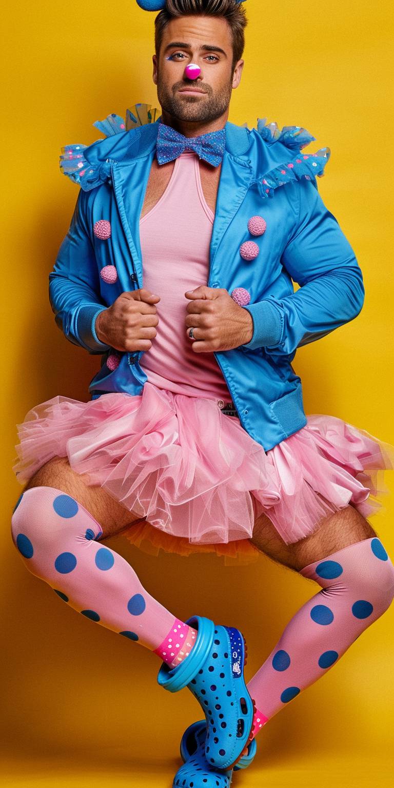 Male clown in his 20s, wearing a blue clown jacket, pink singlet, blue bow tie, pink tutu, pink tights with blue polka dots, blue crocs, clown makeup, set against a yellow background