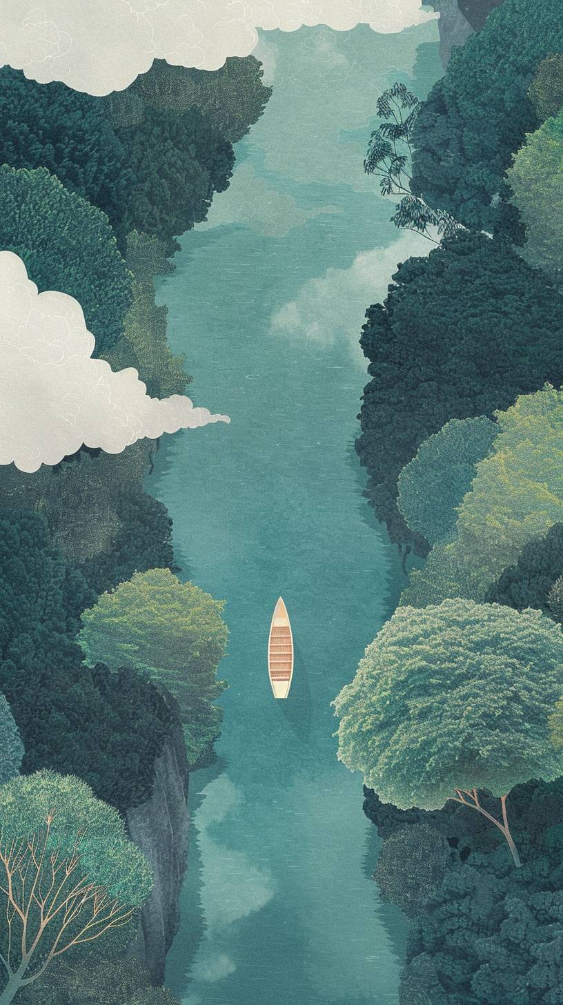 緑の木々と白い雲がある青い川、竜内龍勝風のスタイルの水中の小さな船、鳥瞰図、模様入りの紙の背景、明るいスカイブルーとエメラルドのペールカラー、明るく幻想的な子供の絵本のイラストレーター。