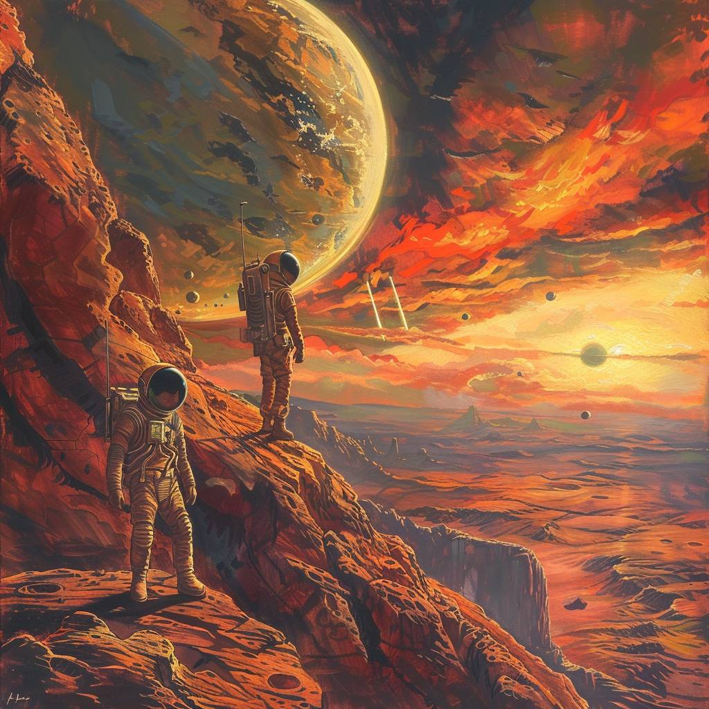 火星の宇宙飛行士、赤い異世界の風景、巨大な夕日、空に浮かぶ巨大な惑星、険しい岩の形態、光反射するバイザー、宇宙探索、高いコントラスト、デジタルアート、鮮やかな色彩、長い影、一人きりの静かさ、ハイパーリアリスティックな水彩画、グラフィックノベルスタイル