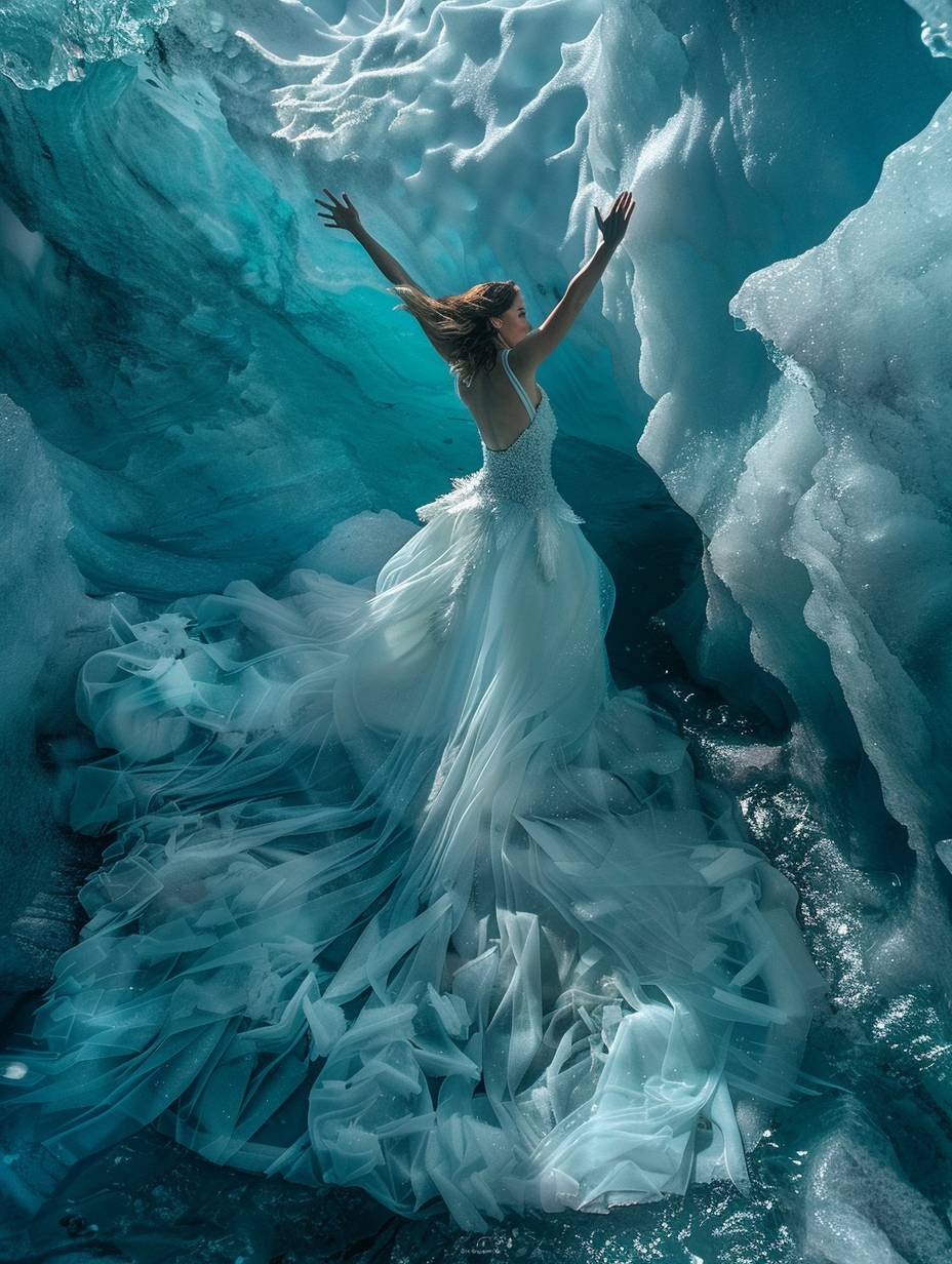 A model, draped in a flowing gown of shimmering ice crystals, stands on a precipice of a melting glacier. The ice around her is cracking and crumbling, revealing a pool of icy blue water below. Her pose is dramatic, arms outstretched as if reaching for the sky, her expression a mix of fear and wonder. The lighting is soft and ethereal, with a sense of fragility and impermanence.