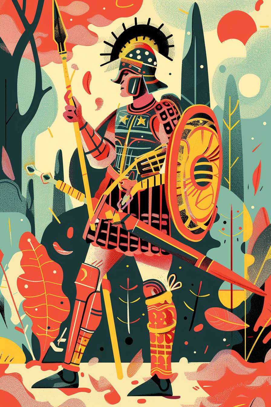In the style of Edward Bawden, warrior character, full body, flat color illustration