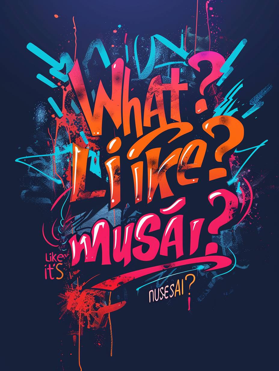 A bold, attention-grabbing graffiti style logo with the words 'What? Like it’s musesAI?' written in vibrant, dynamic colors. The letters are spray-painted in a chaotic yet artistic manner, with sharp edges and angles giving it an edgy vibe. The background is a dark, moody color that accentuates the brightness of the text, creating a striking visual contrast.