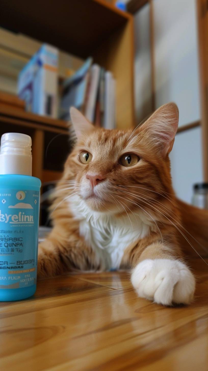 A solid orange cat with white paws and white nose, an opened bottle of sunscreen in front of him