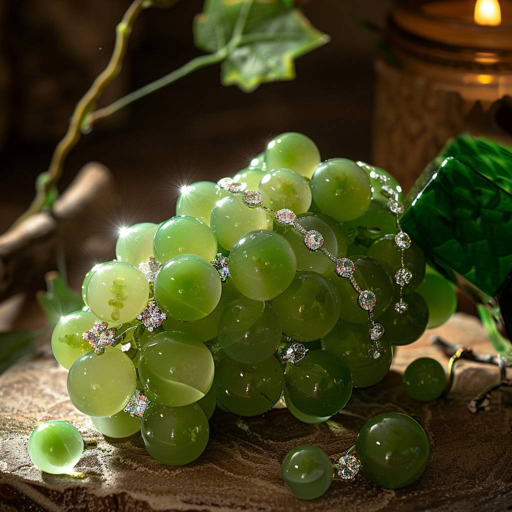 Beautiful and exquisite green grapes made of jade, adorned with diamonds, shining brightly on the table, exuding an elegant atmosphere. The entire scene is filled with lush fruits, with each grape emitting a dazzling light, presenting a luxurious color tone. This masterpiece captures every detail in the style of high definition photography.