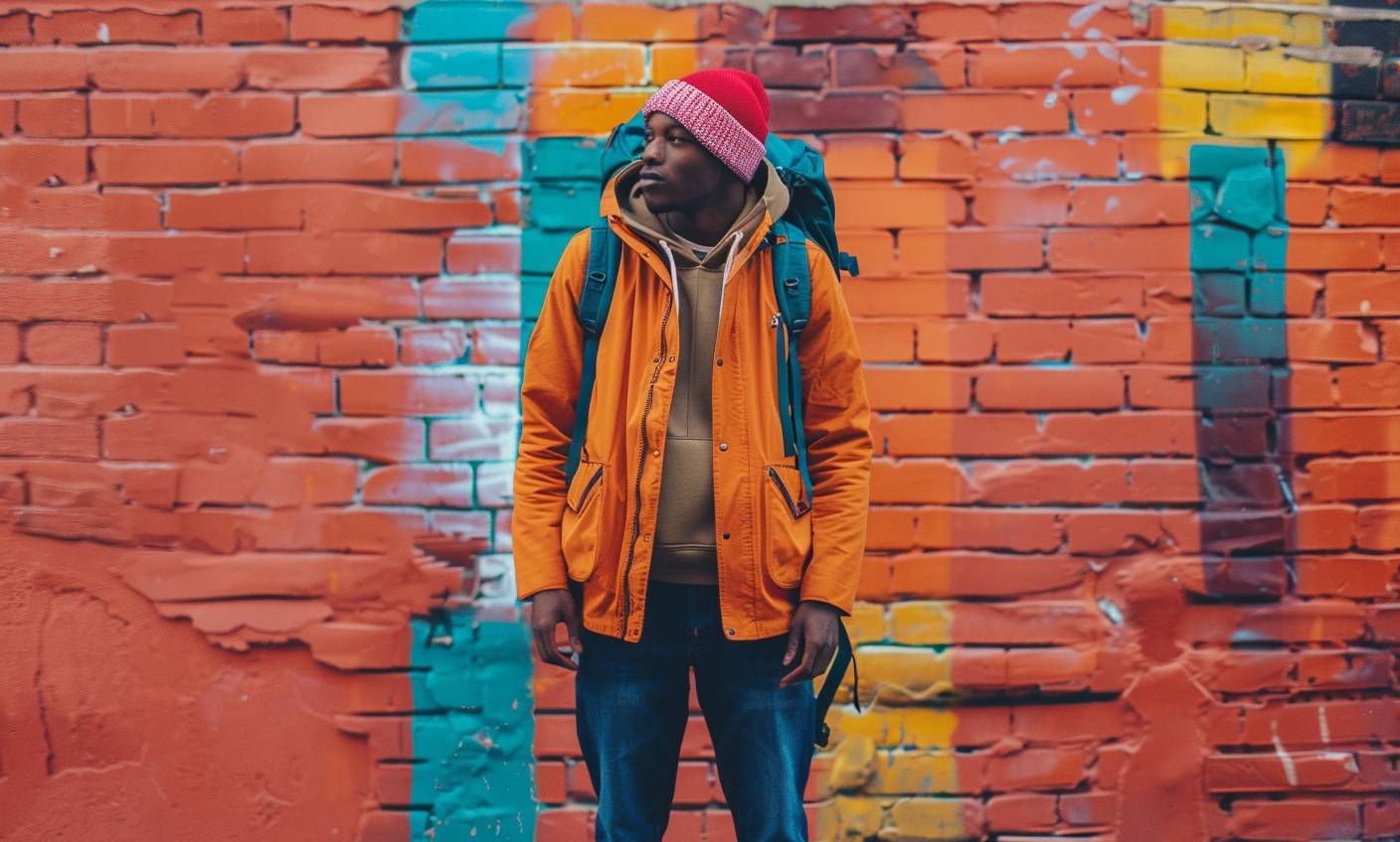 Fashion photo of a man in streetwear, complementary colors --AR 88:53 --style raw --version 6.0
