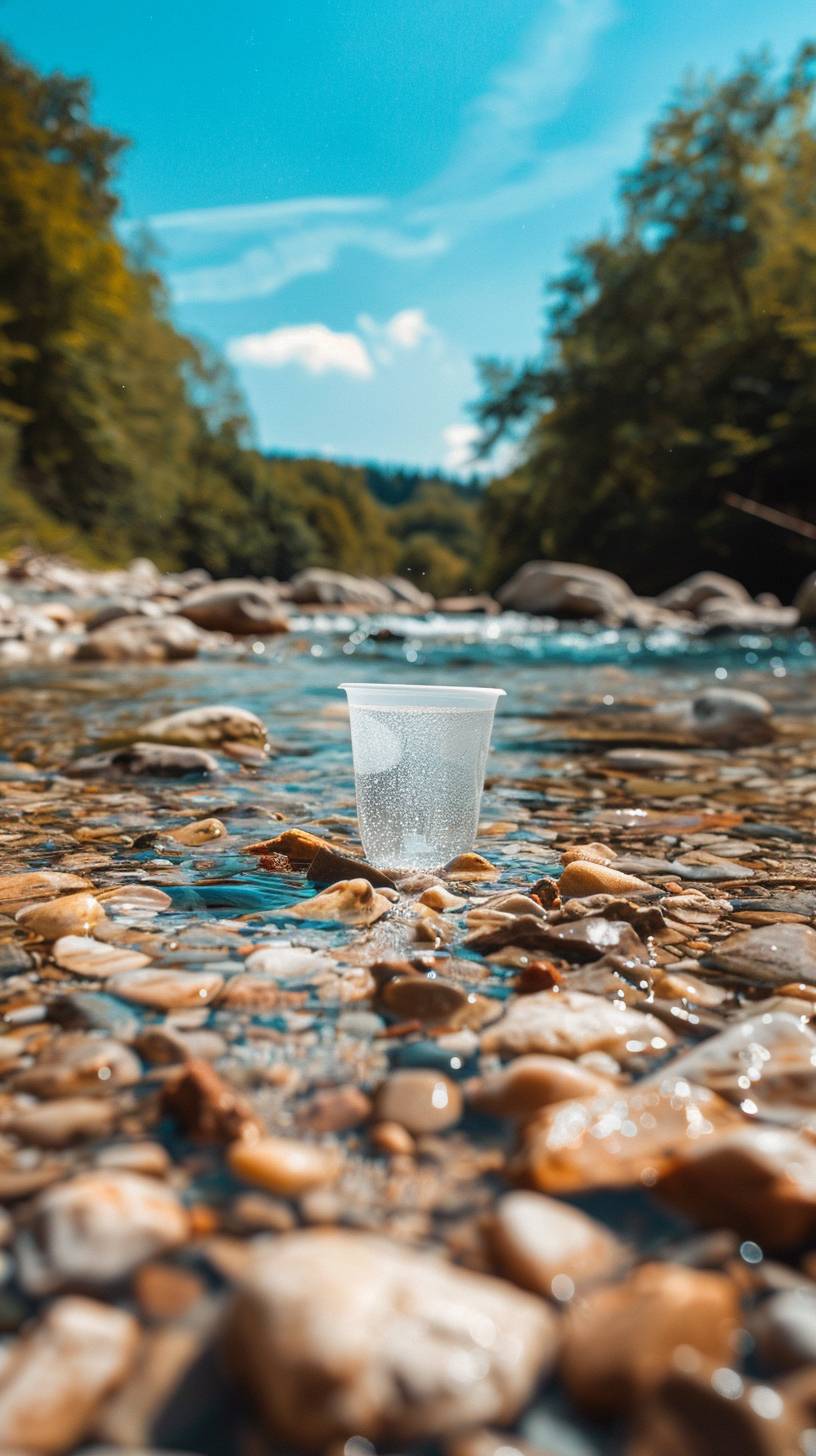 Realistic photo level, on the rocks of a fast flowing stream, there is a long shaped water cup filled with clean water, with a background of blue sky and a little cloud