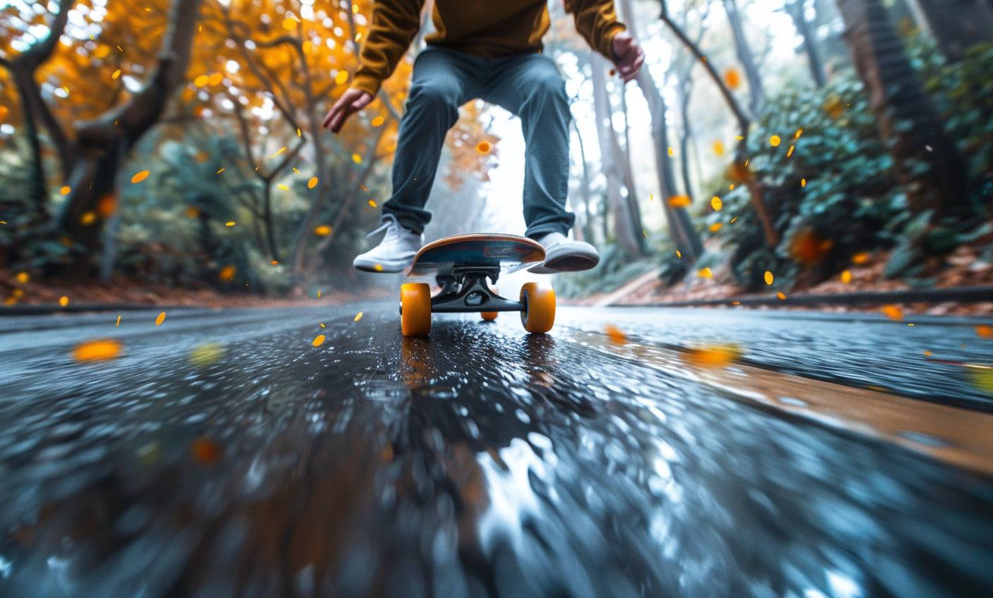 Action photo of downhill skateboarding, worms eye view