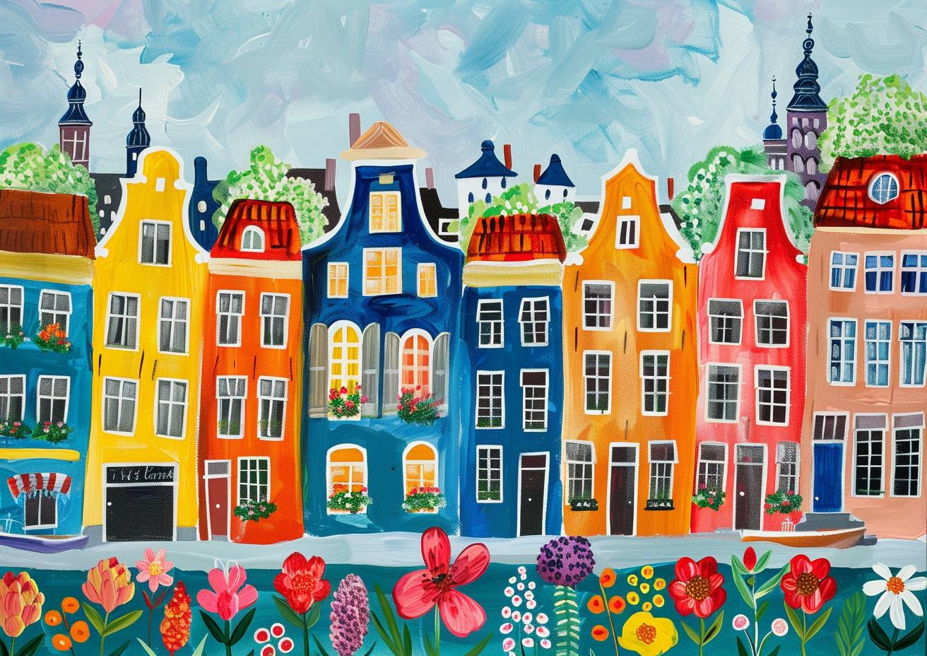 Amsterdam, charming street lined with colorful townhouses, flowers, summertime, England, most unique naive art amazing painting by Sophie Blackall and Maud Lewis and Chagall, amazing brushstrokes, sharp, high quality, masterpiece, ultrasharp,