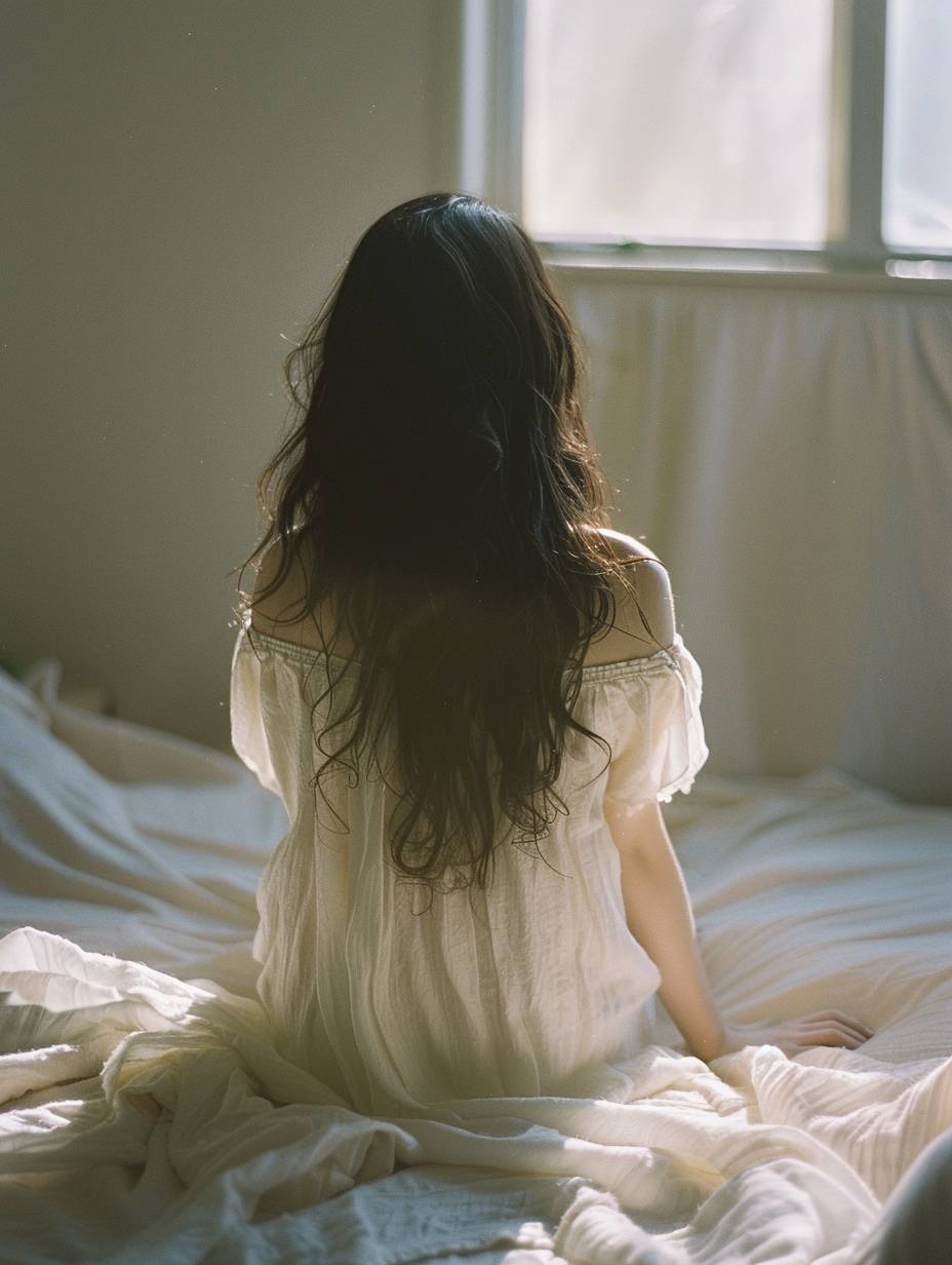 Photo of a woman with her back to the camera, sitting on the edge of the bed, she has long dark hair, wearing a white linen dress, shot from behind, with small window light shining through, soft film photography.