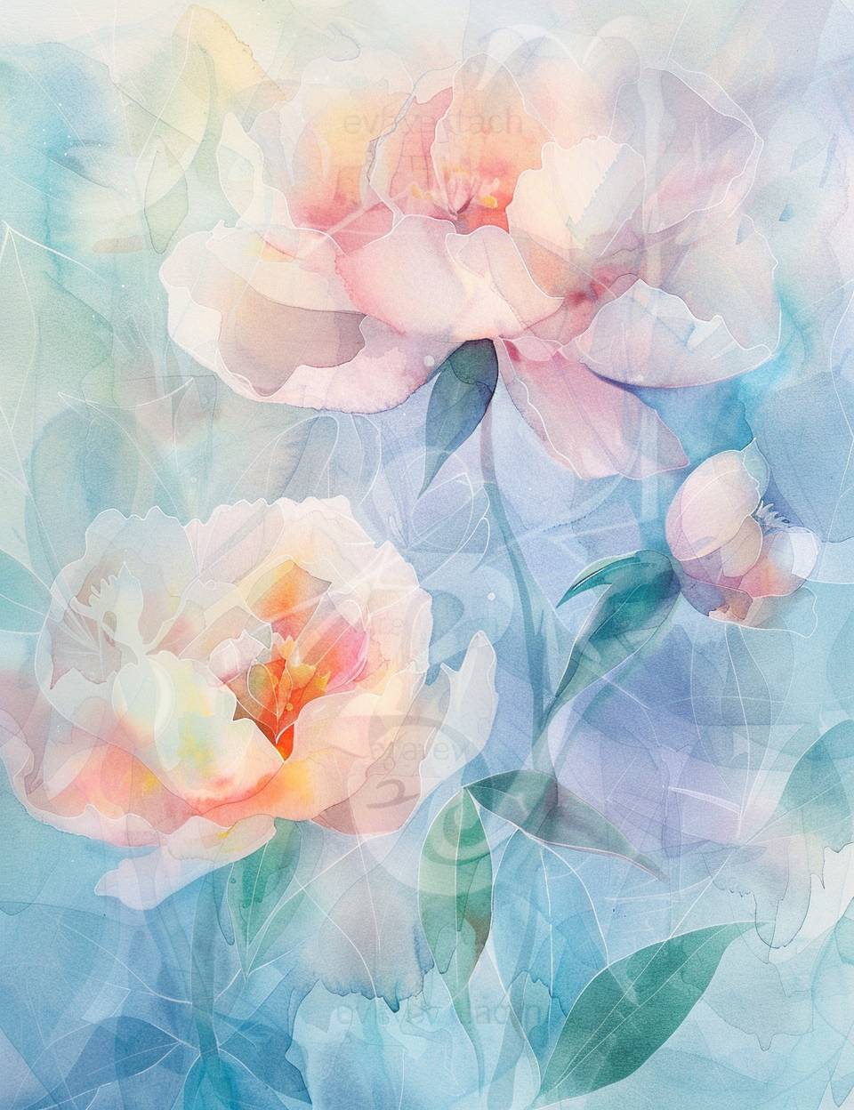 Whimsical abstract watercolor painting of soft dreamy peonies, in the style of Katie Daisy, Katie Vernon, Yao Cheng, pastel color palette, gradient background full page design