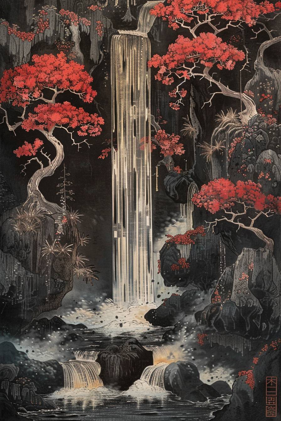 歌川国芳風のスタイルで、隠れた木立に流れる神秘の滝