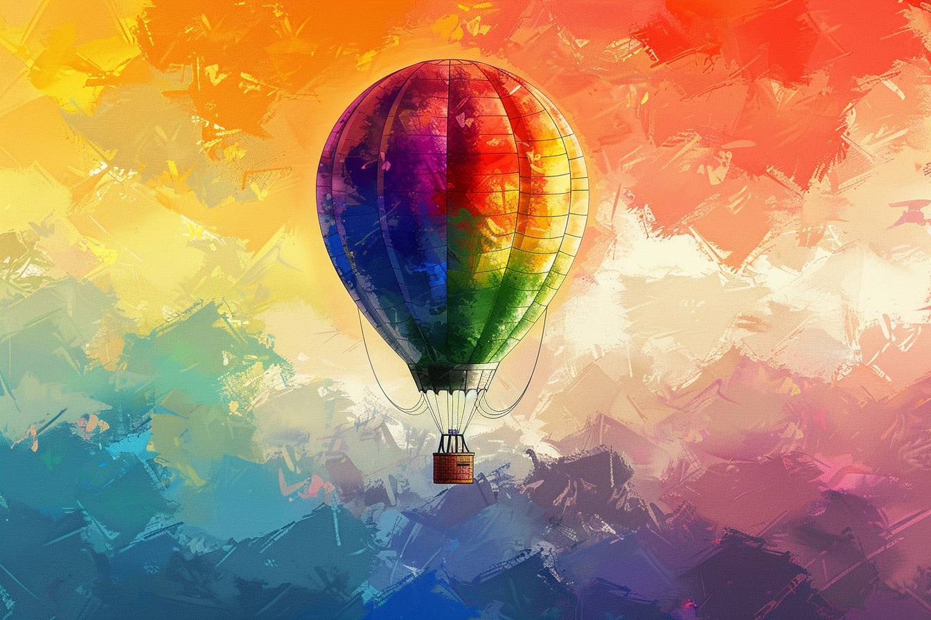 A hot air balloon in Pixel-Brush Fusion style, with rainbow digital brush strokes