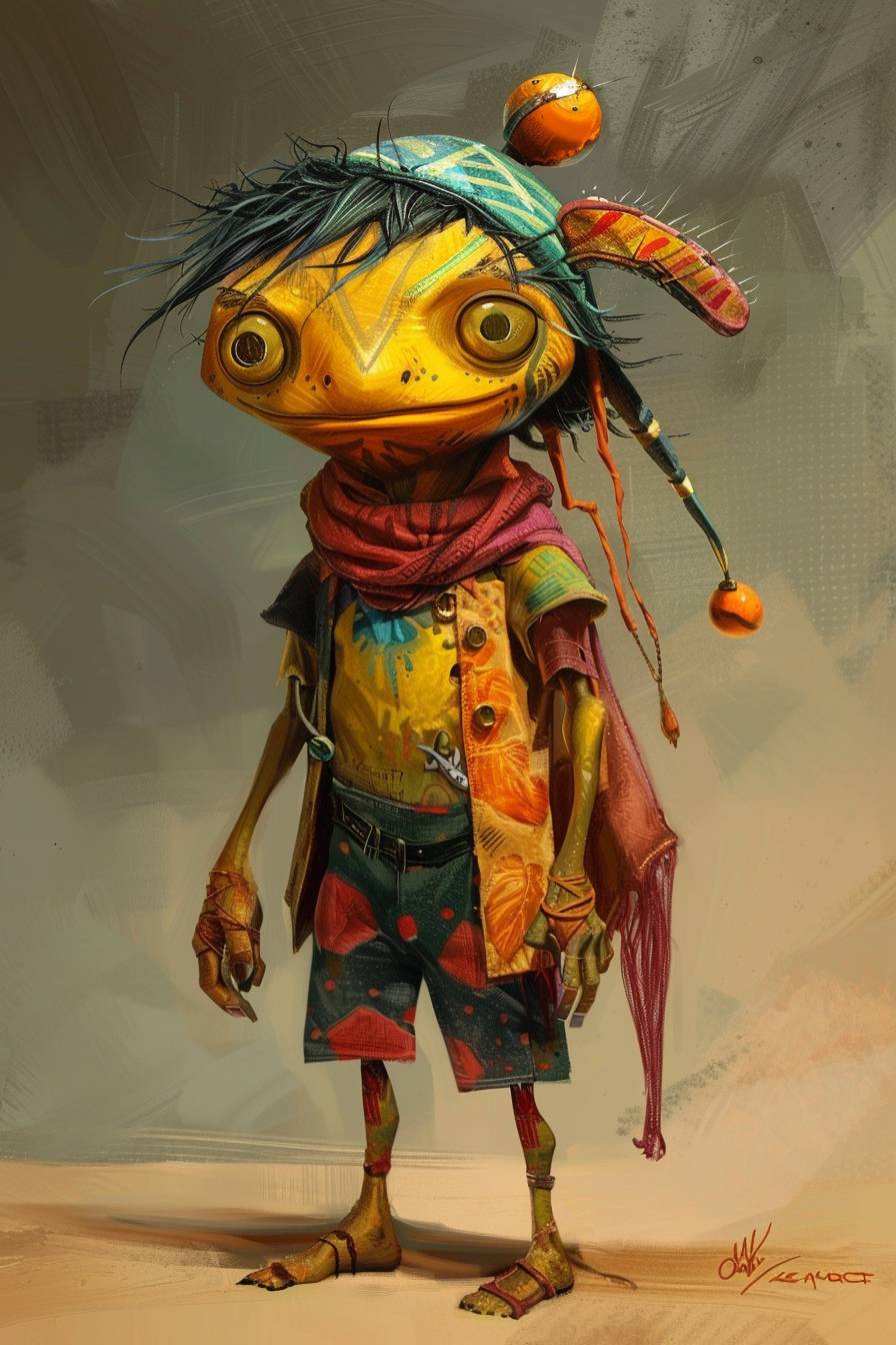 Character concept design in the style of Osgemeos, half-body
