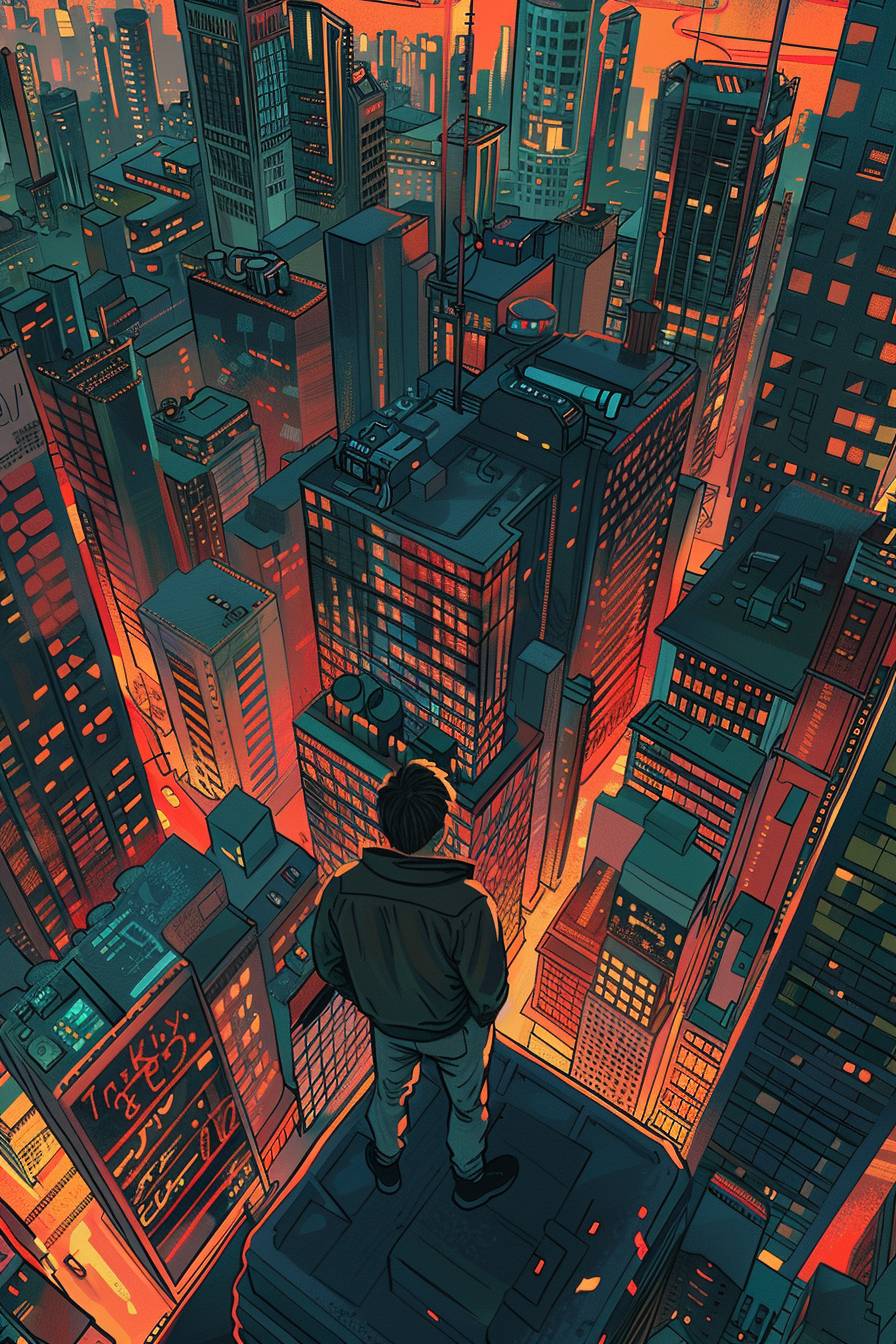 高いビルの上で街を眺めている男性のイラスト、高所恐怖症