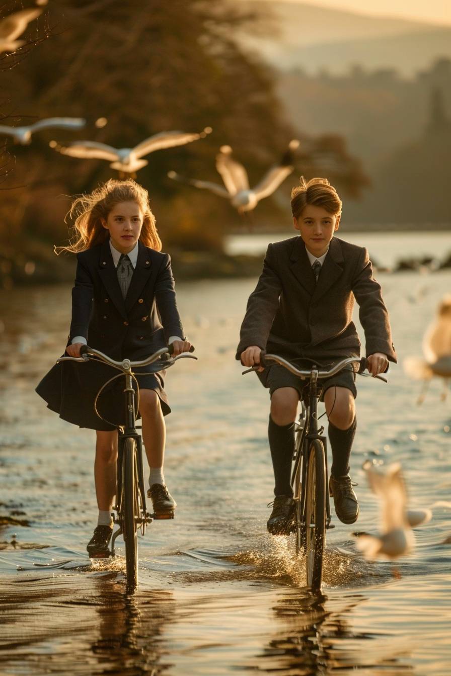 A high-resolution, full-color photograph of two young people riding bicycles along a lakeside path. The boy and girl are both wearing school uniforms, with the girl in a navy blue blazer and skirt, and the boy in a dark coat over his uniform. The scene is set during the golden hour, with the sun casting a warm glow over the water and surrounding mountains. Seagulls are flying around them, adding a dynamic and lively element to the serene and picturesque landscape.