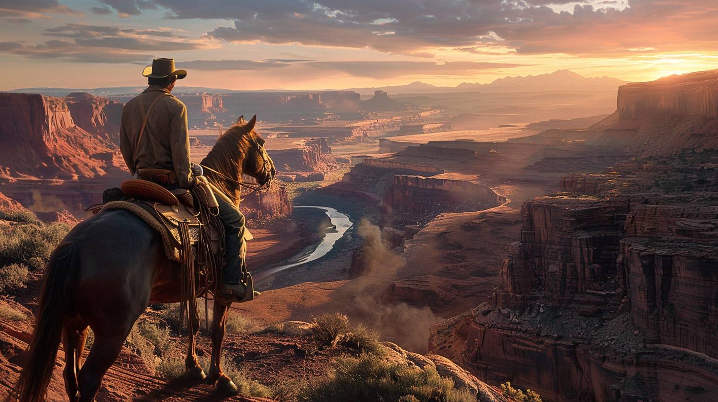 馬に乗っているカウボーイが峡谷を見渡している。ステットソンハット。革の手袋。アメリカ西南部。夕日。赤い岩の形成物、峡谷を蛇行する川。広角で全身を捉えたシーン。劇的なライティングで風景に長い影を落としている。映画のようなルック。