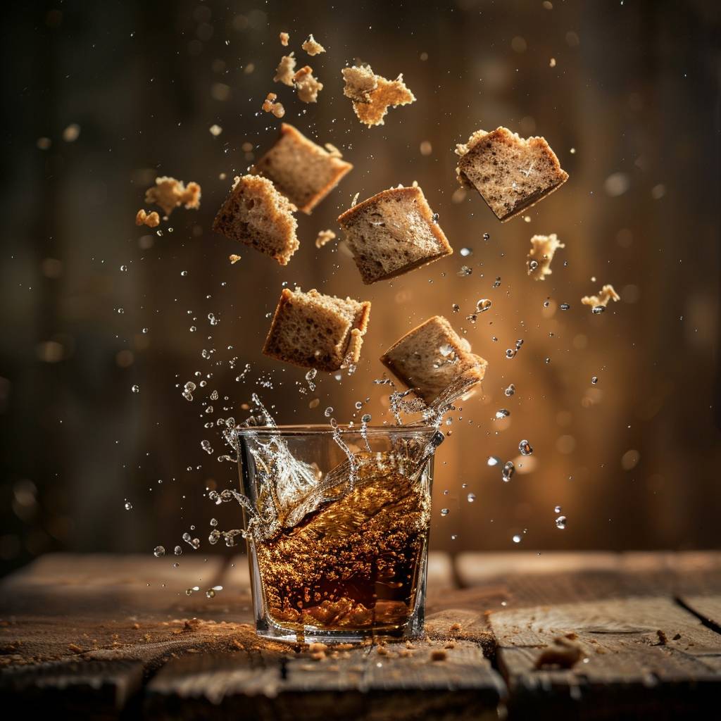 Advertisement photography, flying pieces of [subject], [drink] on a wooden table, studio lighting, food photography, [background], high quality, space for writing.