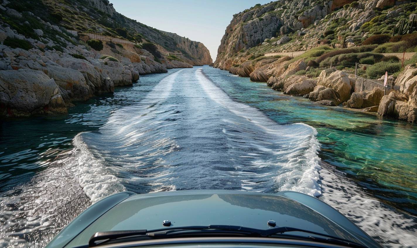 サルデーニャの海岸沿いを走る車を描いたリアルな画像を生成してください。画像は晴れた日に透明な海水を表現している必要があります。車の画像がはっきりと目立つようにしてください。ありがとうございます！