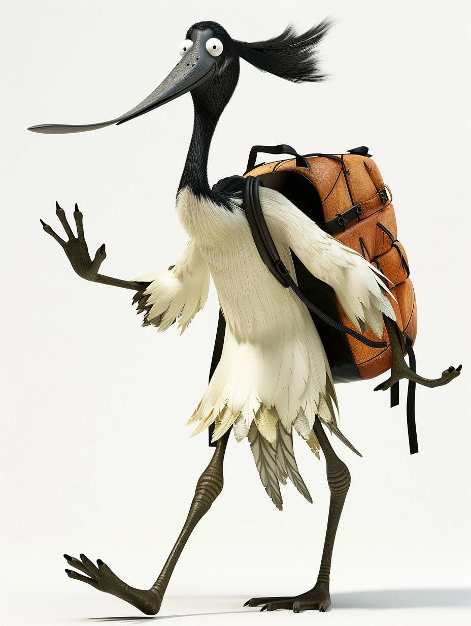 Black-faced Spoonbill wearing Chinese Tang Dynasty clothing, happy expression, waving, carrying a backpack and traveling, flat, long black beak, black face, long black legs, white body, white body, cartoon image, 3D style, blender.