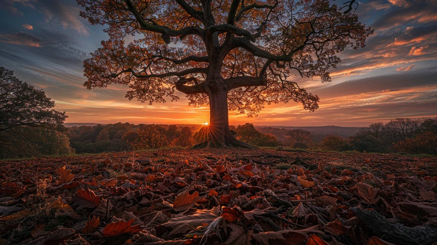 A long exposure of a lone tree silhouetted against a sunset over an ancient forest. The sky is a canvas of warm, earthy tones, with streaks of ochre, burnt sienna, and crimson swirling across the horizon. The light filters through the leaves of the ancient trees, creating a dappled effect on the forest floor. The ancient trees are gnarled and twisted, their bark covered in moss and lichen. Fallen leaves blanket the ground, creating a sense of texture and depth. The lone tree stands tall and proud, its branches reaching towards the sky, as if reaching for the fading light. The overall mood is one of peace and tranquility, as if witnessing a moment of reflection and contemplation.