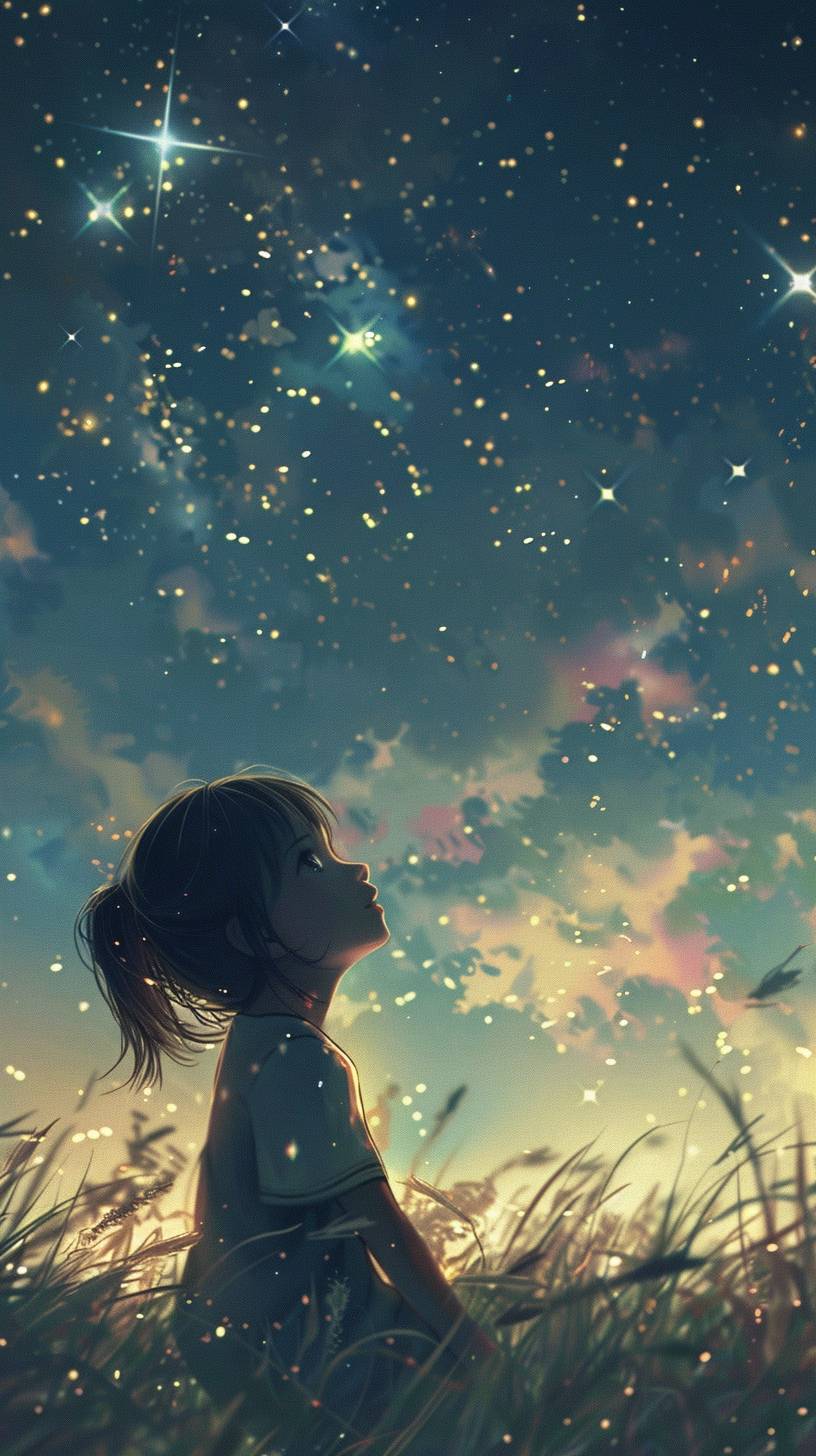 Studio Ghibli style, epic, kawaii, a girl looking up to the sky, in the grassland, teenager, night.
