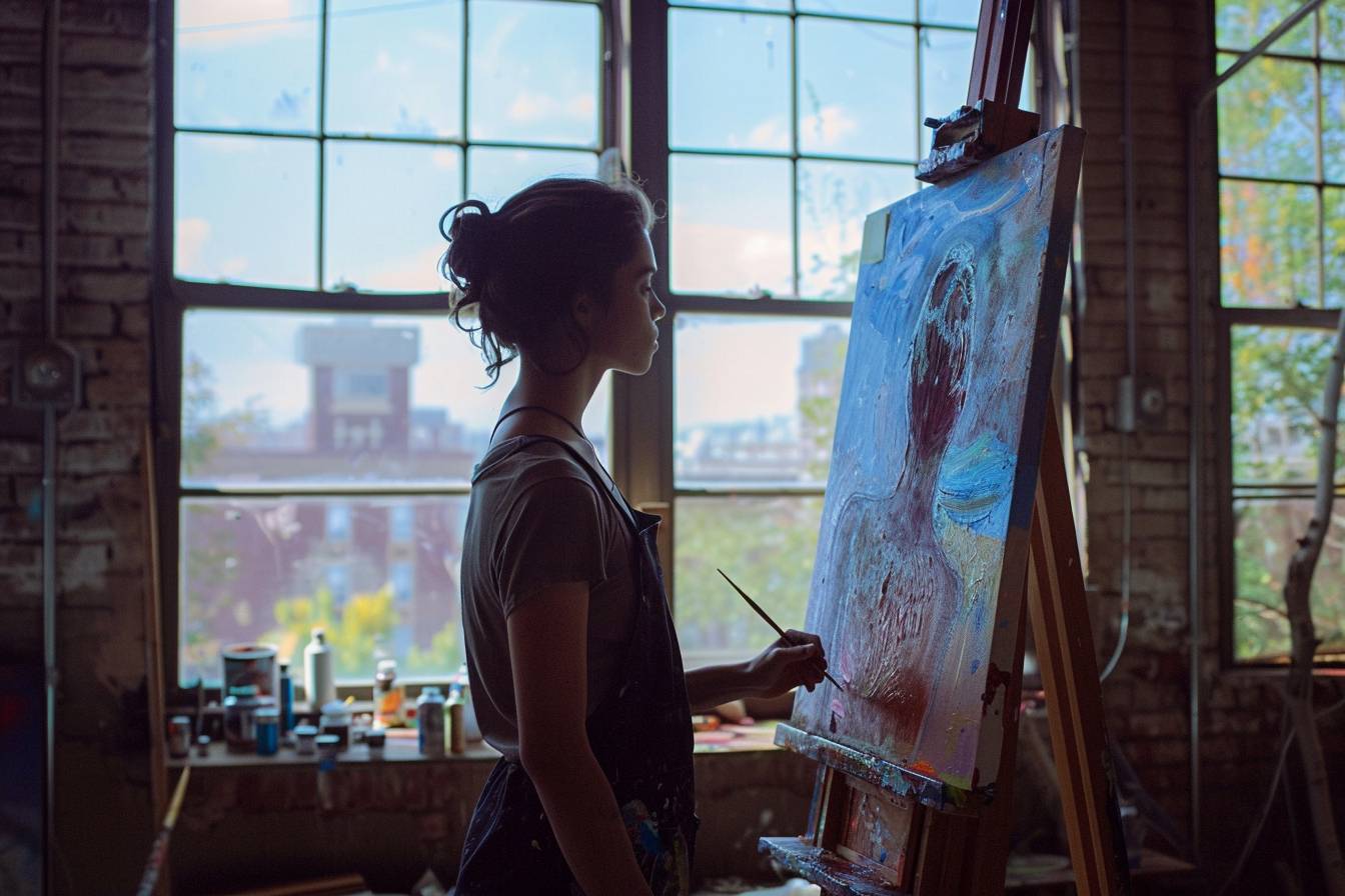自画像の油絵を描く、背景は巨大な窓のあるスタジオ
