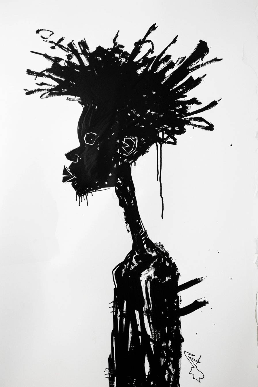 In the style of Jean-Michel Basquiat, character, ink art, side view