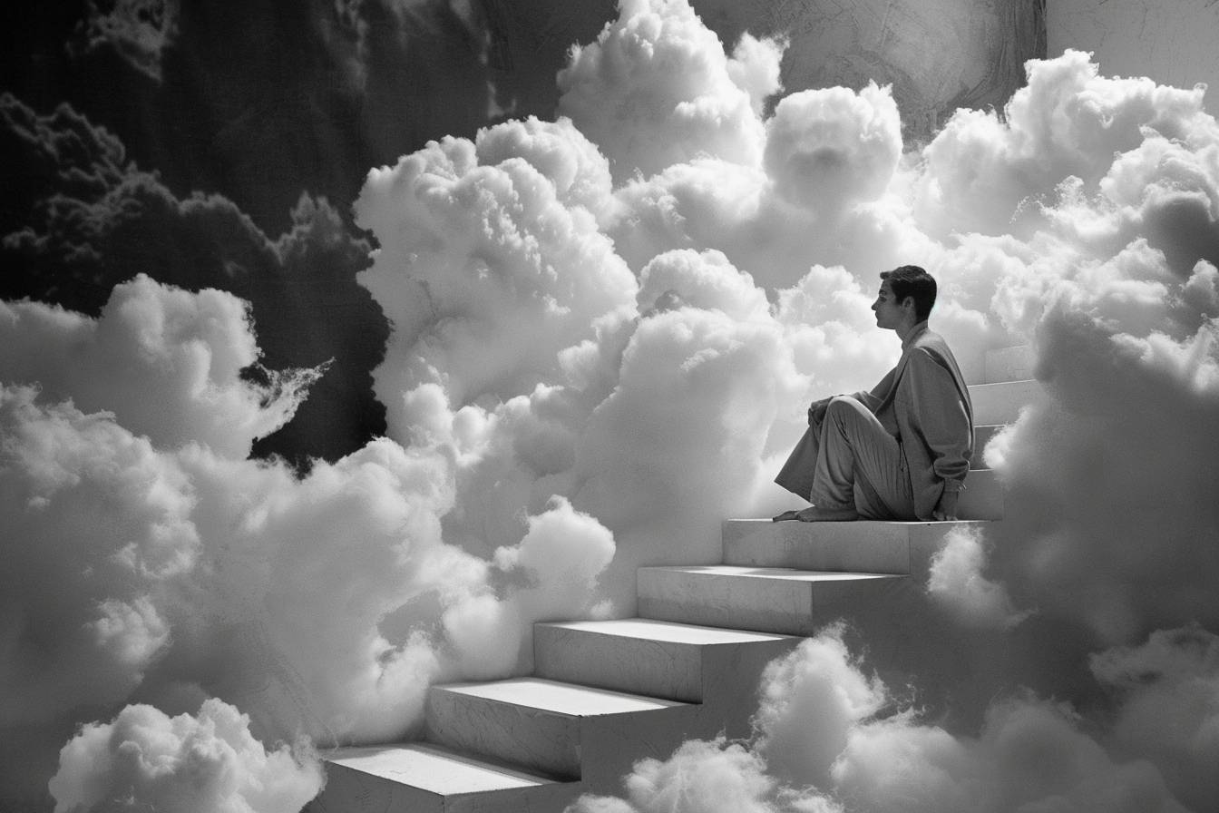 Imagination by Gilbert Garcin includes a man sitting cross-legged on the seventh step of a cloud staircase