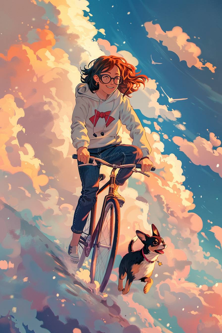 A retro looking girl with brown hair and glasses wearing a sailor moon hoodie and black pants is riding a bike up a road into the clouds, in the sky with a small black and tan miniature pinscher chasing her with a happy expression, in a limited 4 color palette, lo-fi colors Studio Ghibli style --ar 2:3 --v 6.0